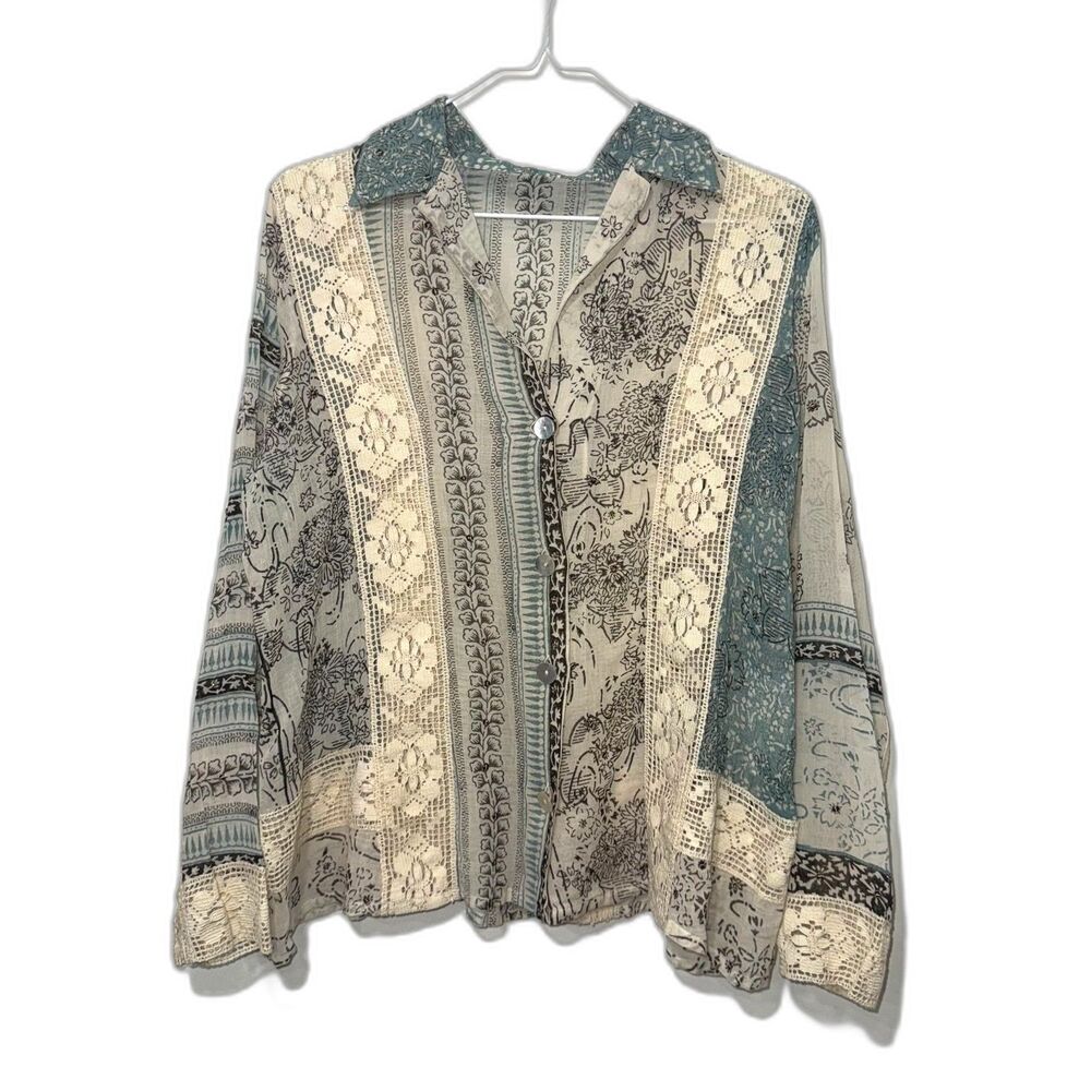 Megan Park Floral Beaded & Crochet Button Down Top - Blue/Tan/Cream 2/M